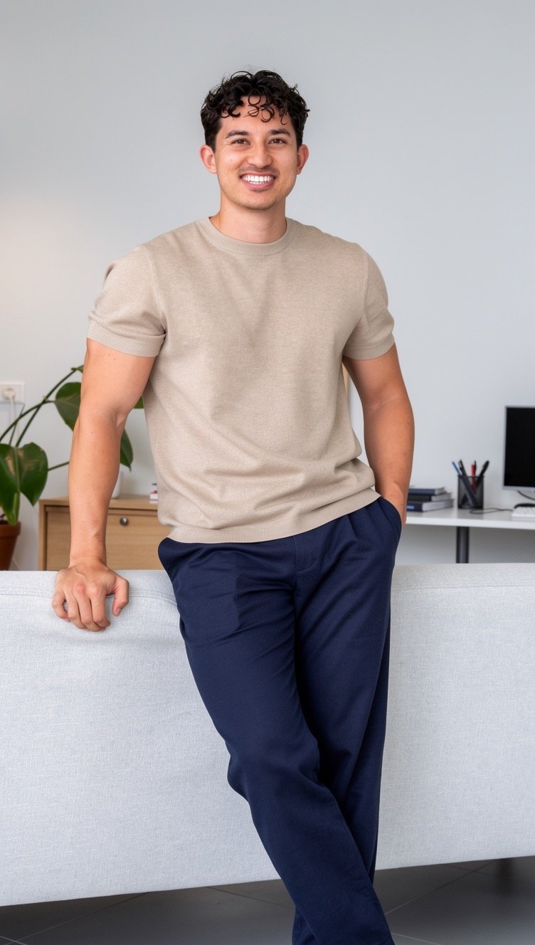 Vince leaning on a couch, smiling